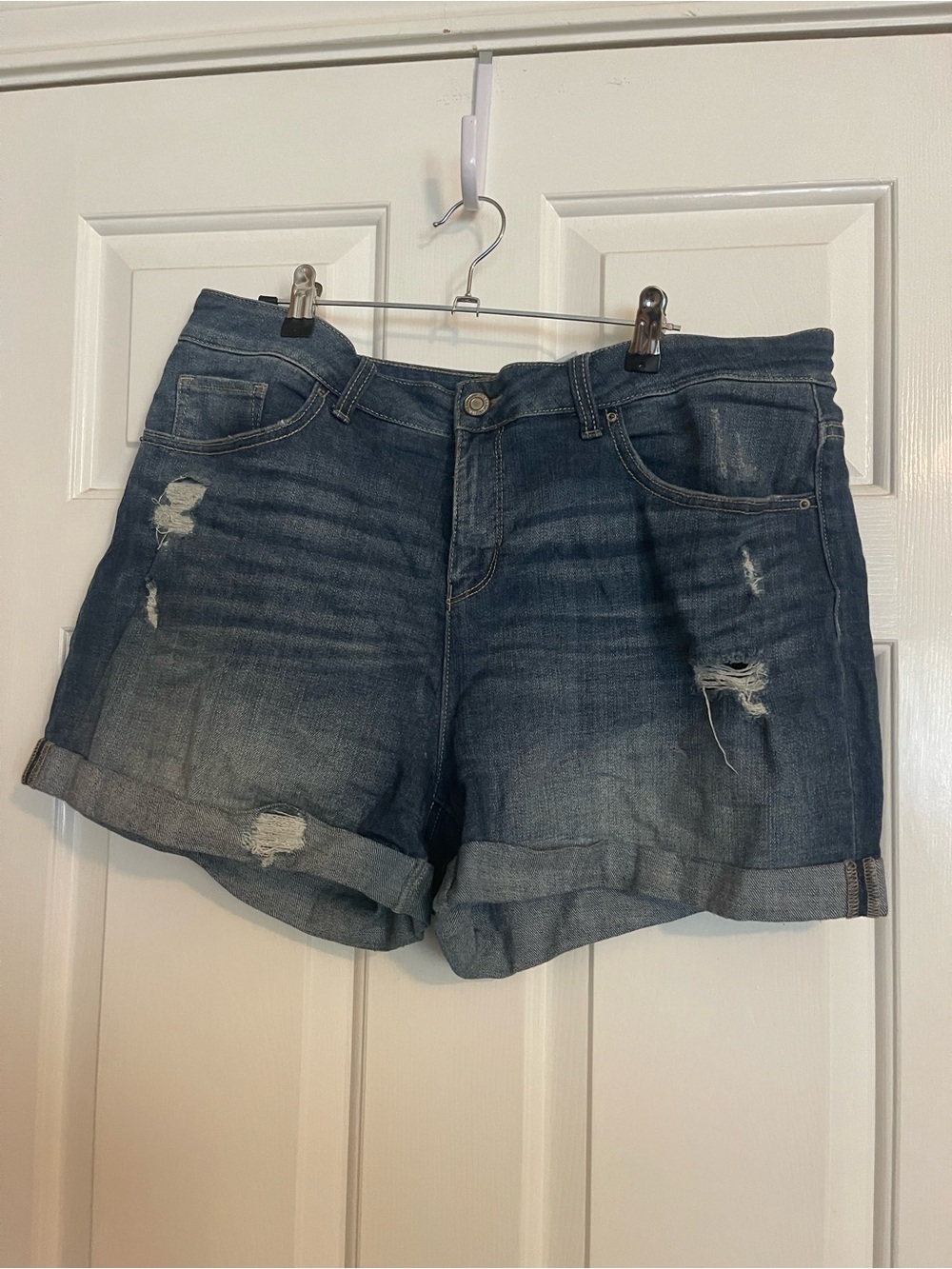 Time and Tru Dark Blue Distressed Roll Cuff Denim Shorts